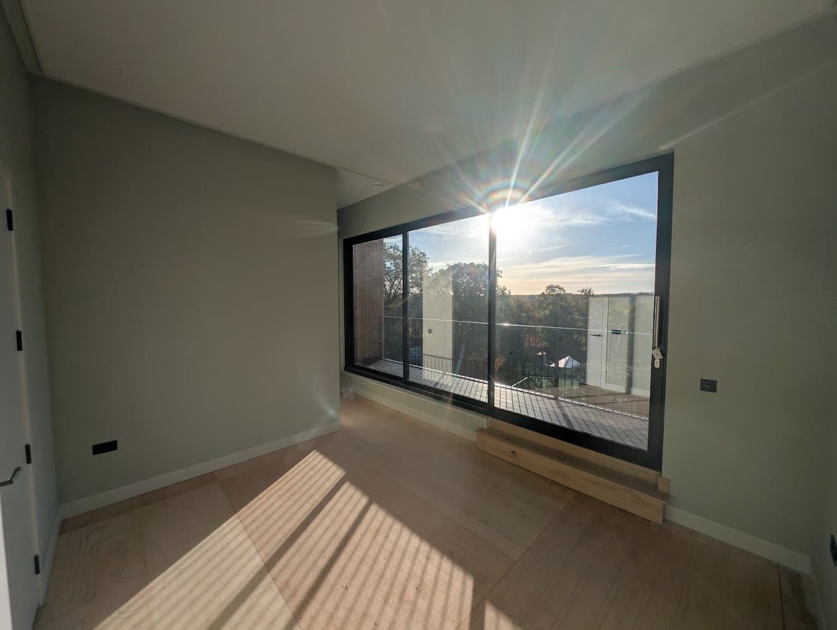An empty room with a full-height sliding glass door onto a balcony, sage green painted walls and a new wood-effect floor
